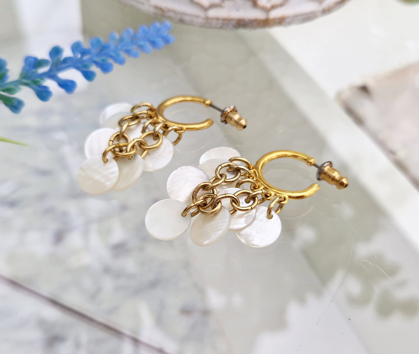 Vintage Gold Tone Hoop Stud Style Mother of Pearl Disc Fringe Drop Earrings