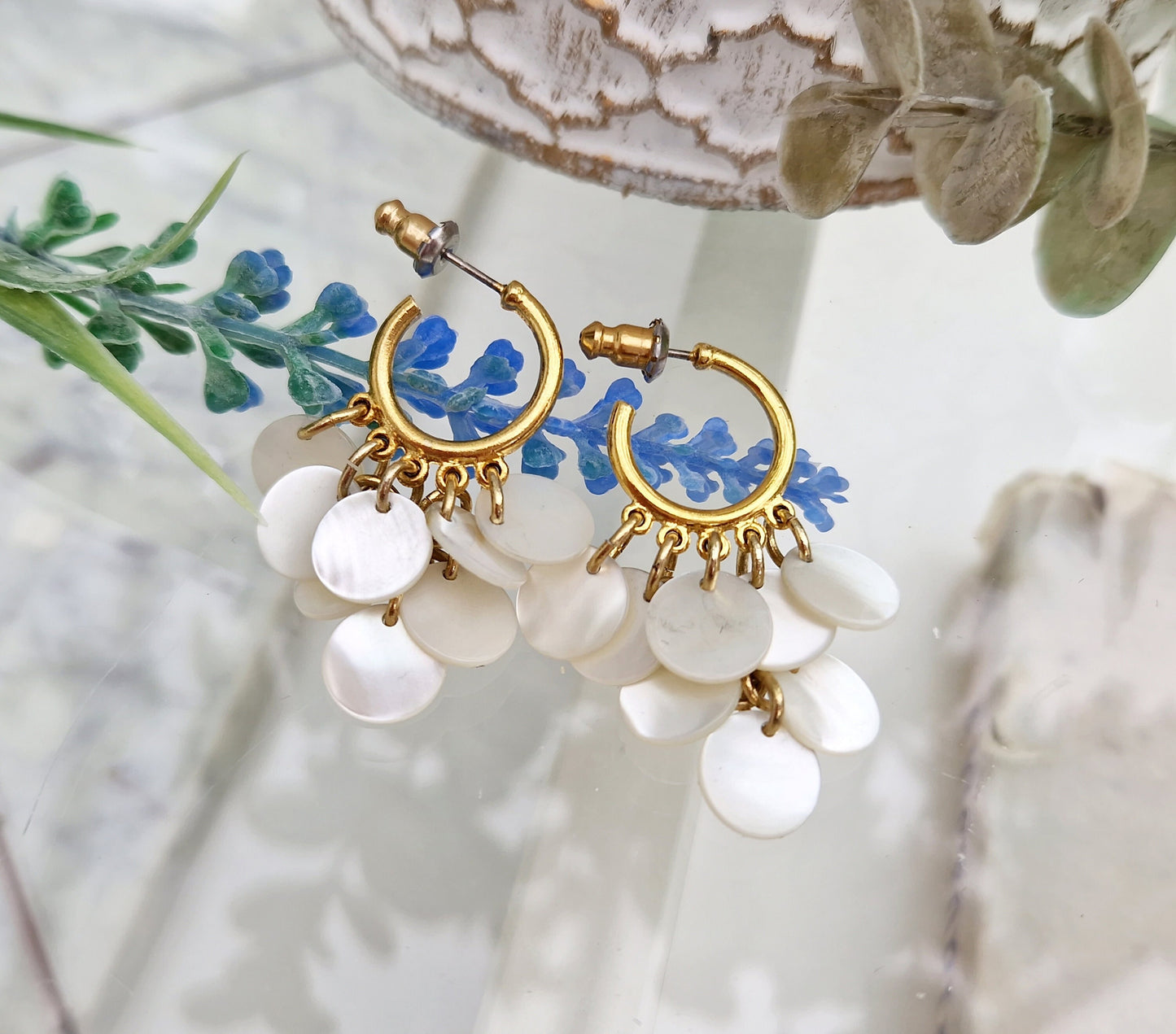 Vintage Gold Tone Hoop Stud Style Mother of Pearl Disc Fringe Drop Earrings