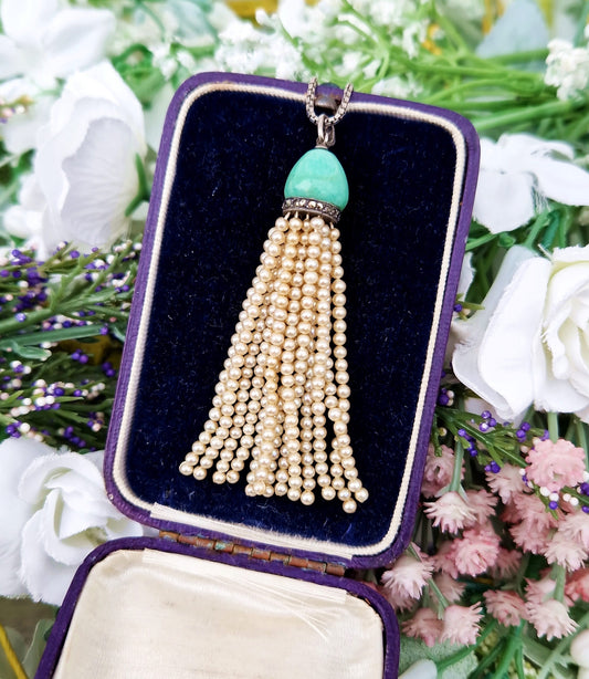 Antique Art Deco Sterling Silver Amazonite Marcasite Statement Tassel Necklace