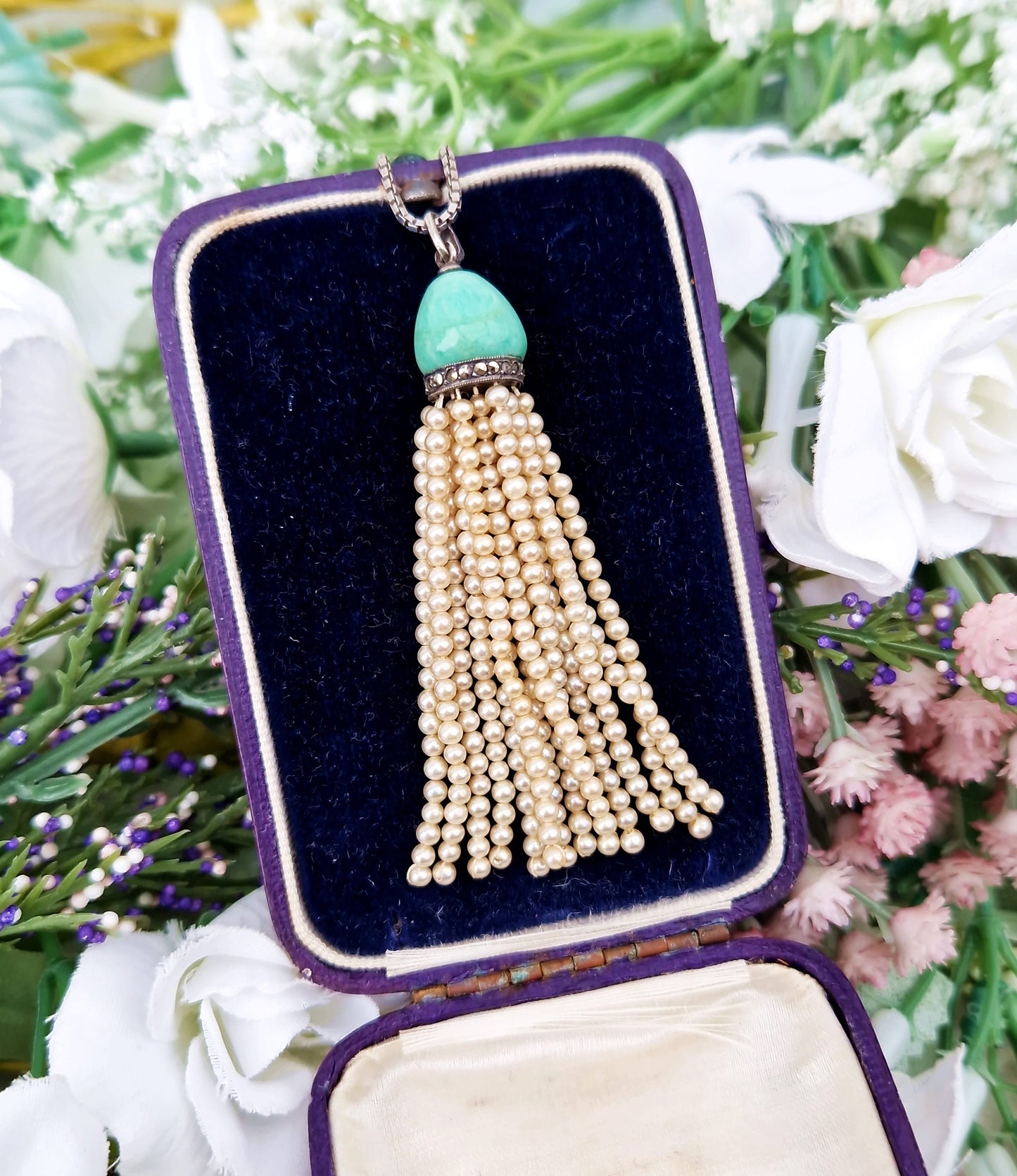 Antique Art Deco Sterling Silver Amazonite Marcasite Statement Tassel Necklace