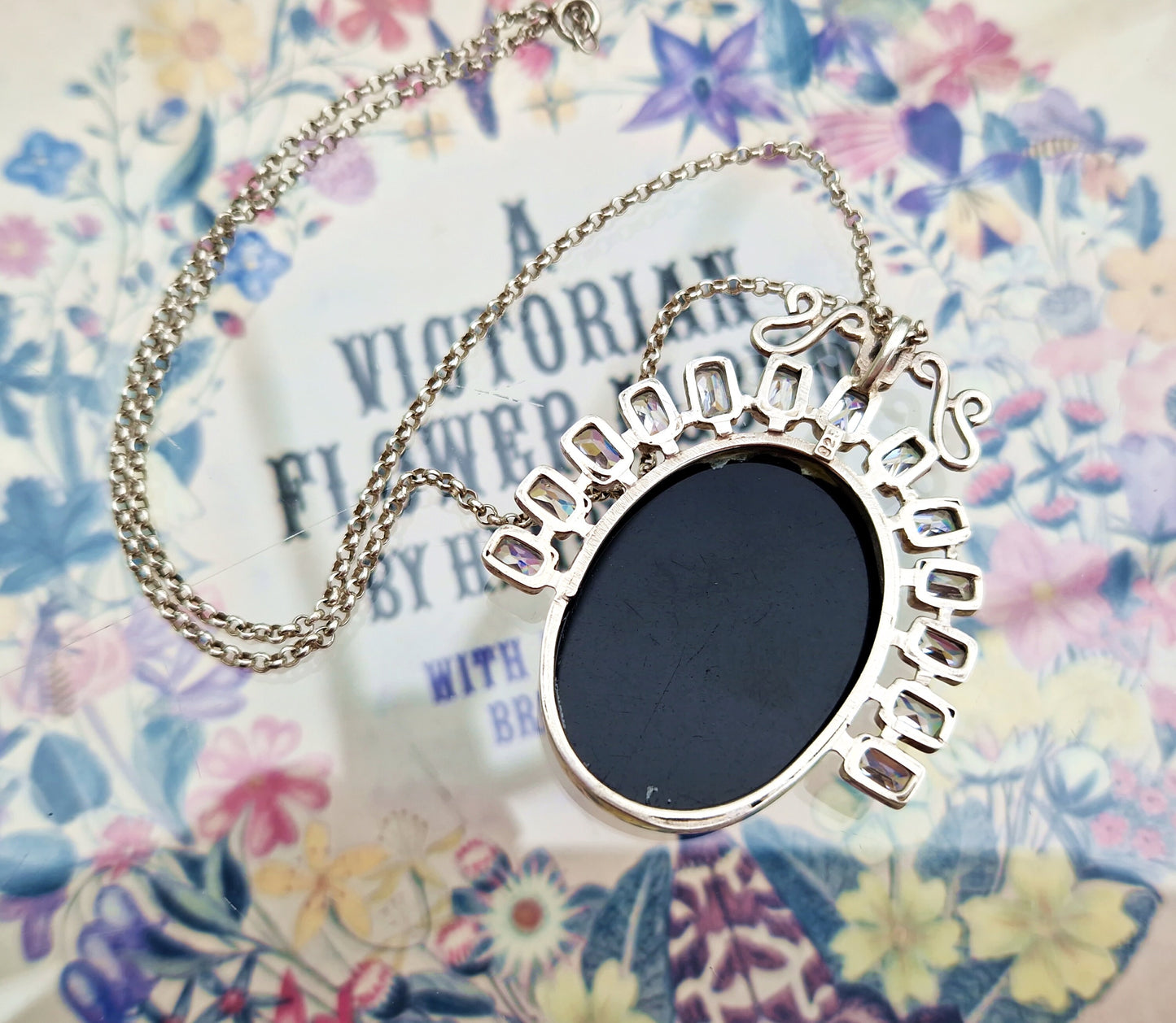 Vintage Sterling Silver Huge Statement Pendant Necklace with Black Glass & Carved Stag with Deer