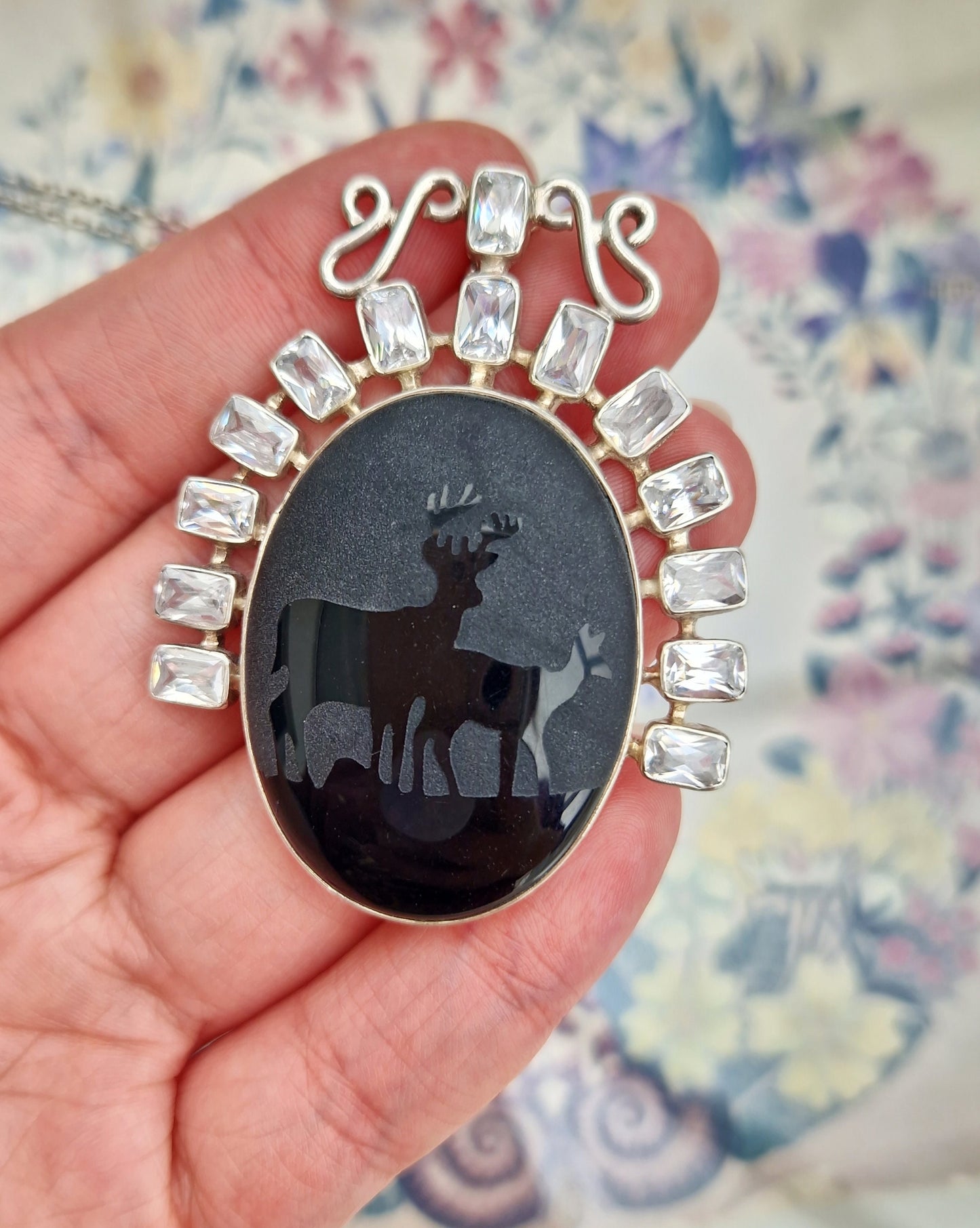 Vintage Sterling Silver Huge Statement Pendant Necklace with Black Glass & Carved Stag with Deer