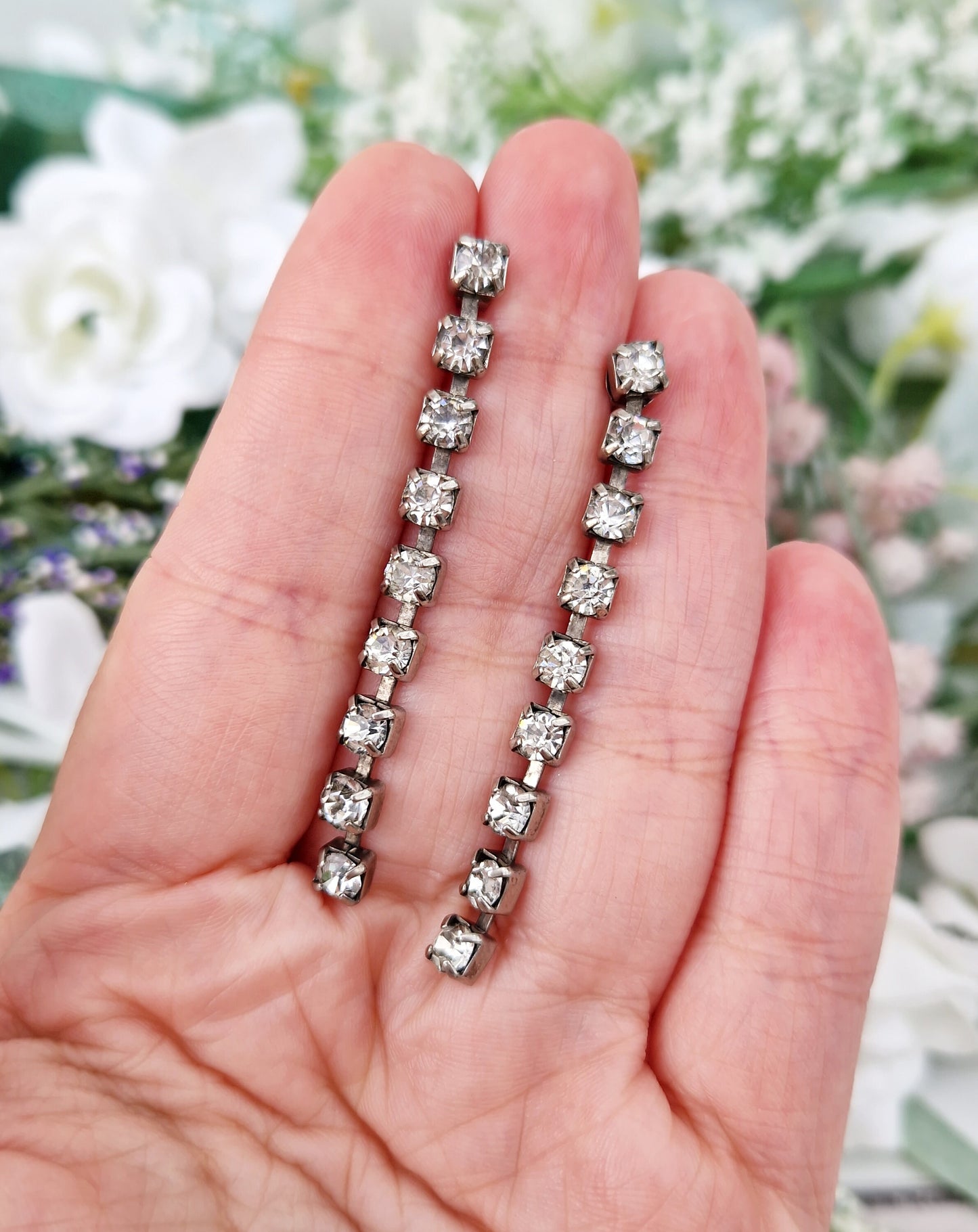 Vintage Art Deco Style Silver Tone Extra Long Elegant Crystal Stud Drop Earrings