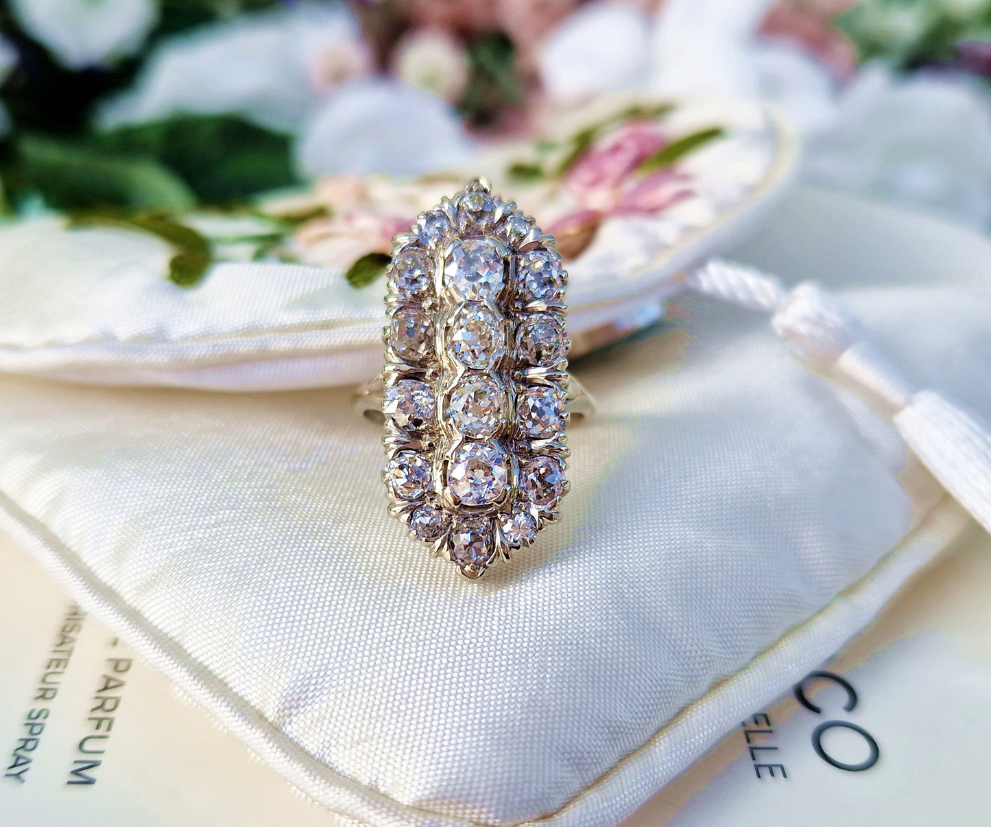 Antique Art Deco 3.35ct 14ct White Gold Showstopping Old Cut Diamond Cluster Statement Ring / Size M 1/2 or 6.75
