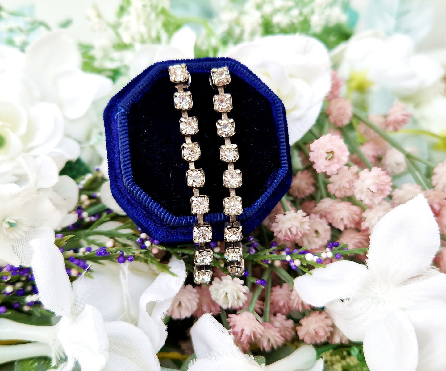 Vintage Art Deco Style Silver Tone Extra Long Elegant Crystal Stud Drop Earrings