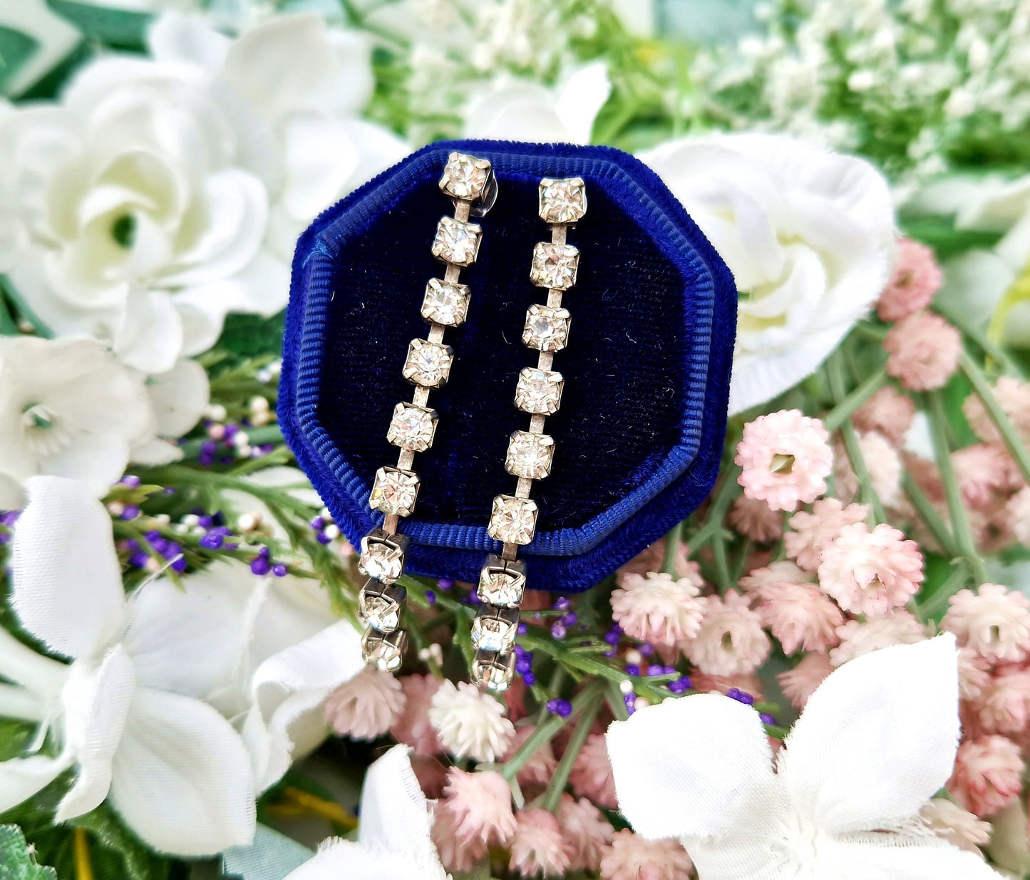 Vintage Art Deco Style Silver Tone Extra Long Elegant Crystal Stud Drop Earrings