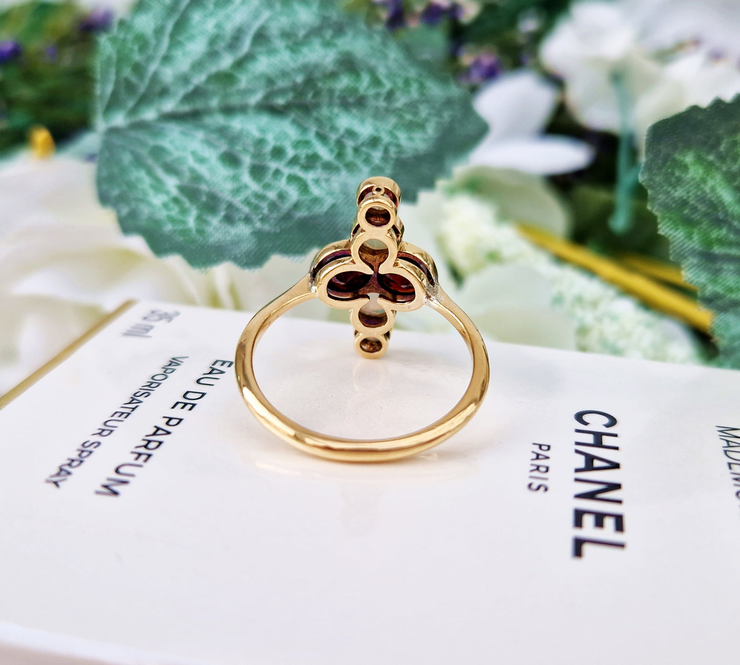 Antique Edwardian 18ct Yellow Gold Red Garnet and Rainbow Opal Navette Statement Ring / Size P 1/2 or 8.25