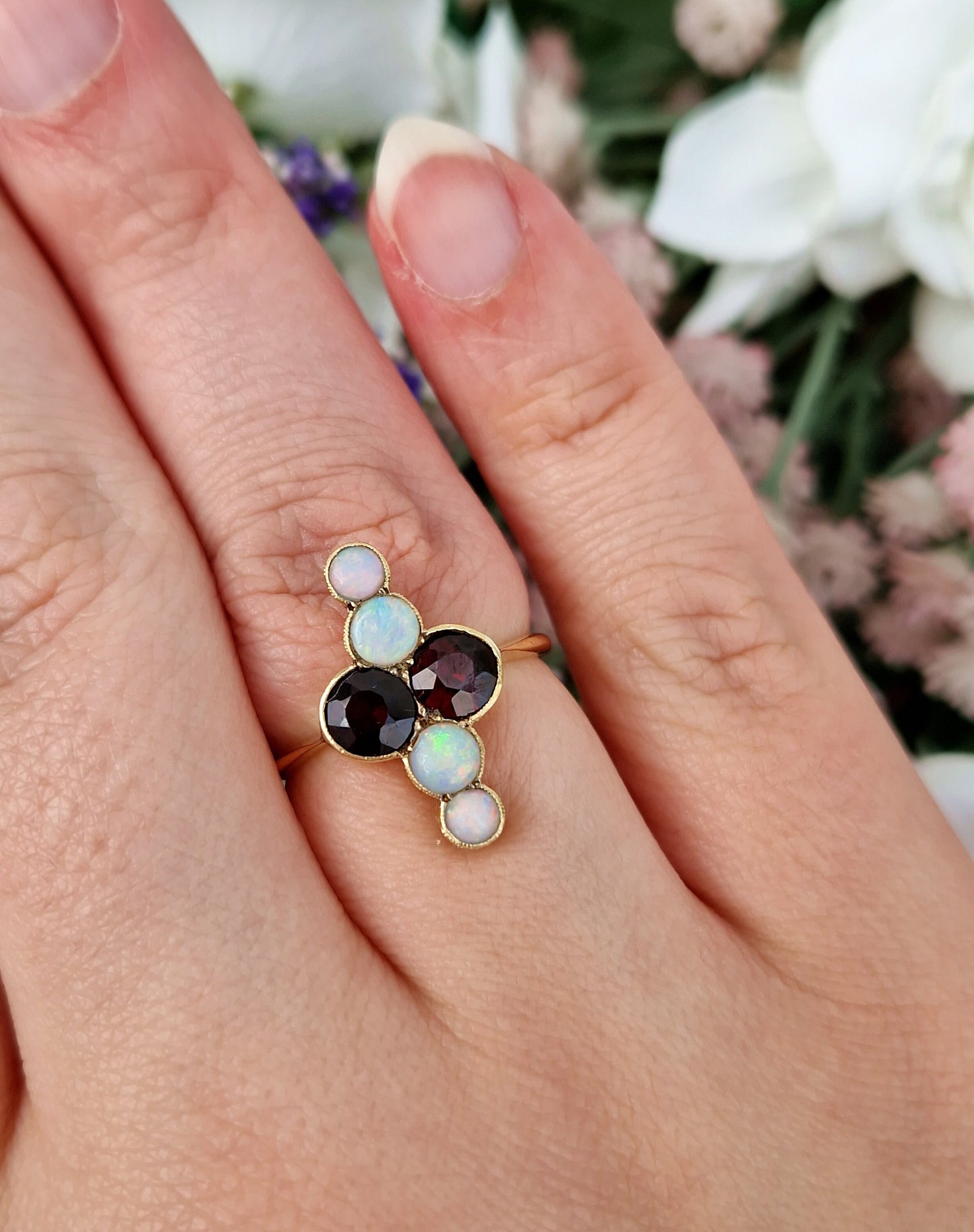 Antique Edwardian 18ct Yellow Gold Red Garnet and Rainbow Opal Navette Statement Ring / Size P 1/2 or 8.25