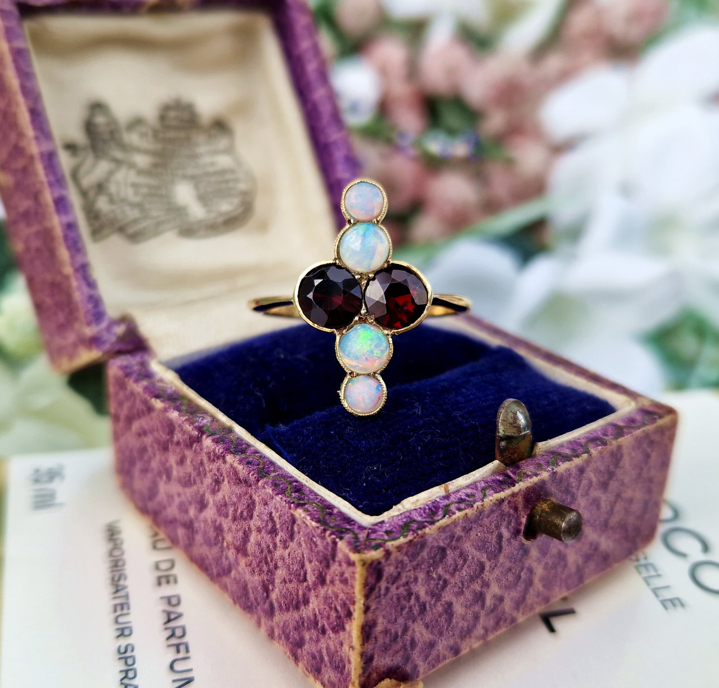 Antique Edwardian 18ct Yellow Gold Red Garnet and Rainbow Opal Navette Statement Ring / Size P 1/2 or 8.25