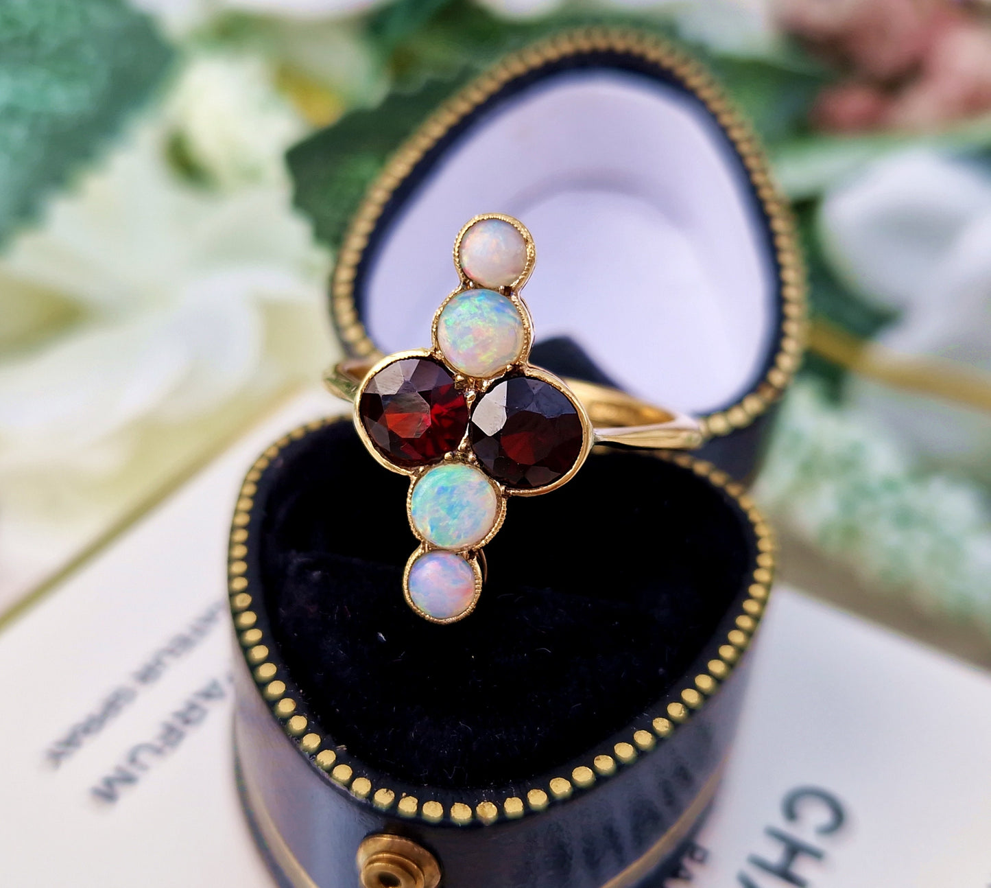 Antique Edwardian 18ct Yellow Gold Red Garnet and Rainbow Opal Navette Statement Ring / Size P 1/2 or 8.25
