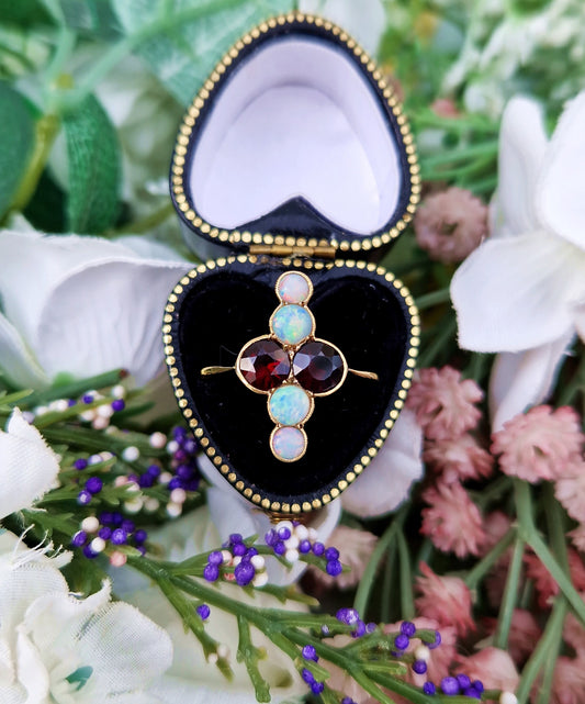 Antique Edwardian 18ct Yellow Gold Red Garnet and Rainbow Opal Navette Statement Ring / Size P 1/2 or 8.25