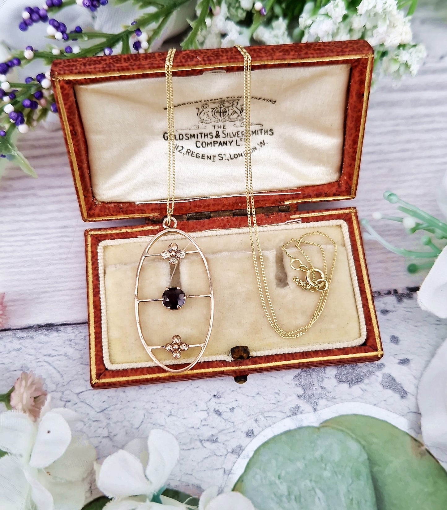 Antique Art Nouveau 9ct Yellow Gold Garnet Flower Lavalier Pendant Necklace