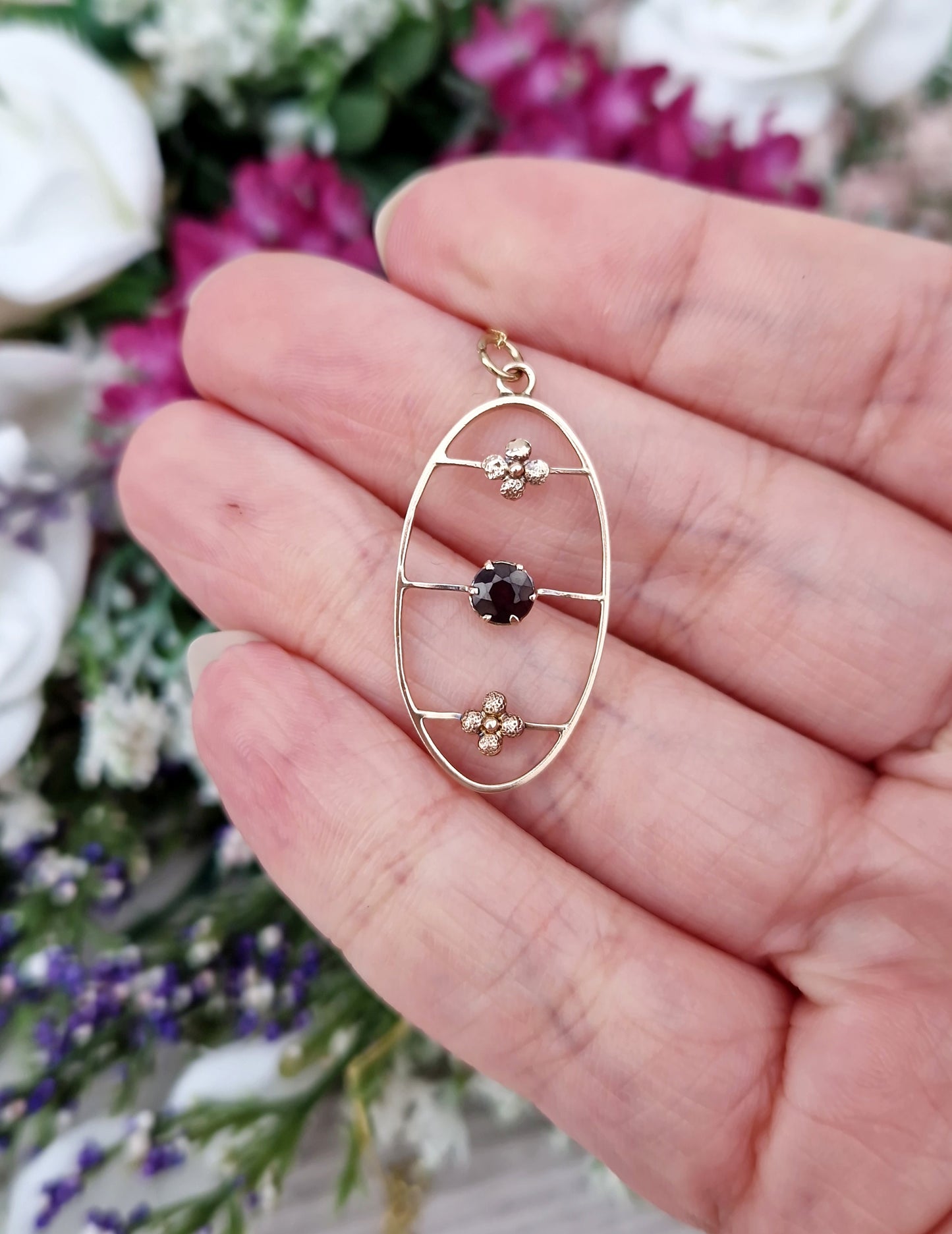 Antique Art Nouveau 9ct Yellow Gold Garnet Flower Lavalier Pendant Necklace