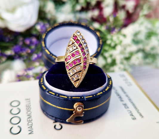Vintage 1970 9ct Yellow Gold Pink Ruby and White Spinel Navette Cluster Ring / Size N or 7