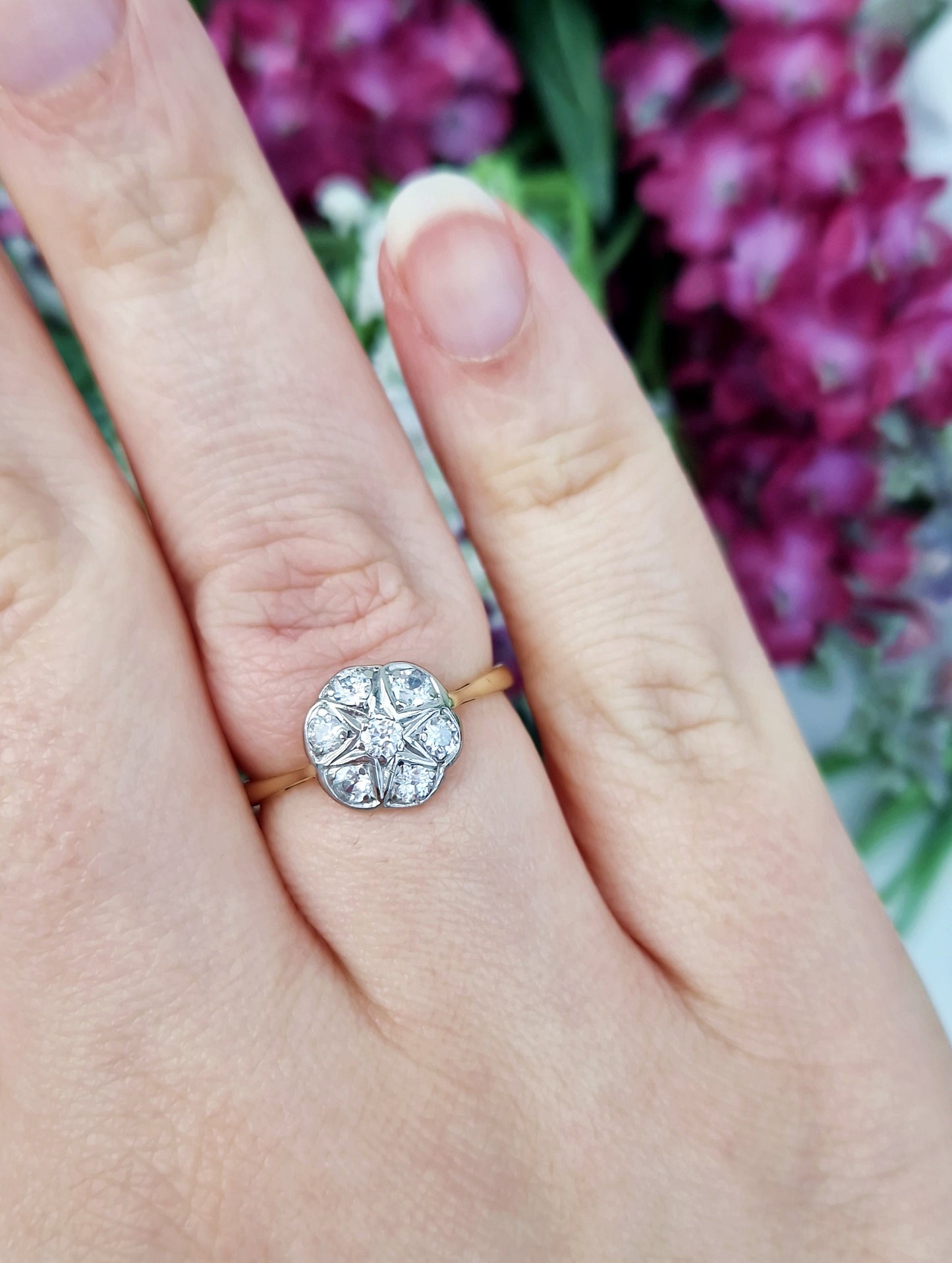 Antique Art Deco 18ct Gold and Platinum Diamond Daisy Cluster Engagement Ring 0.50ct / Size Q 1/2 or 8.75
