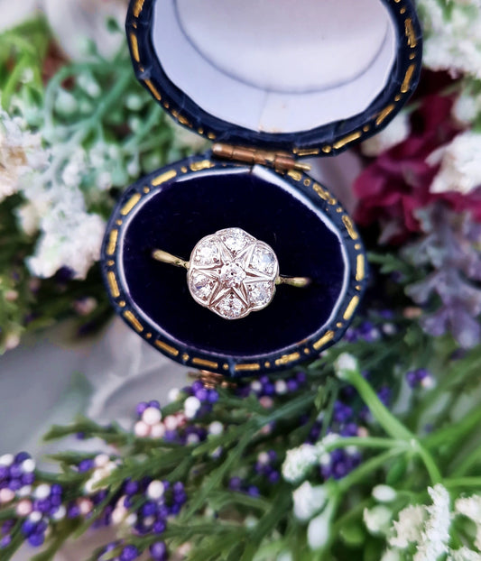 Antique Art Deco 18ct Gold and Platinum Diamond Daisy Cluster Engagement Ring 0.50ct / Size Q 1/2 or 8.75