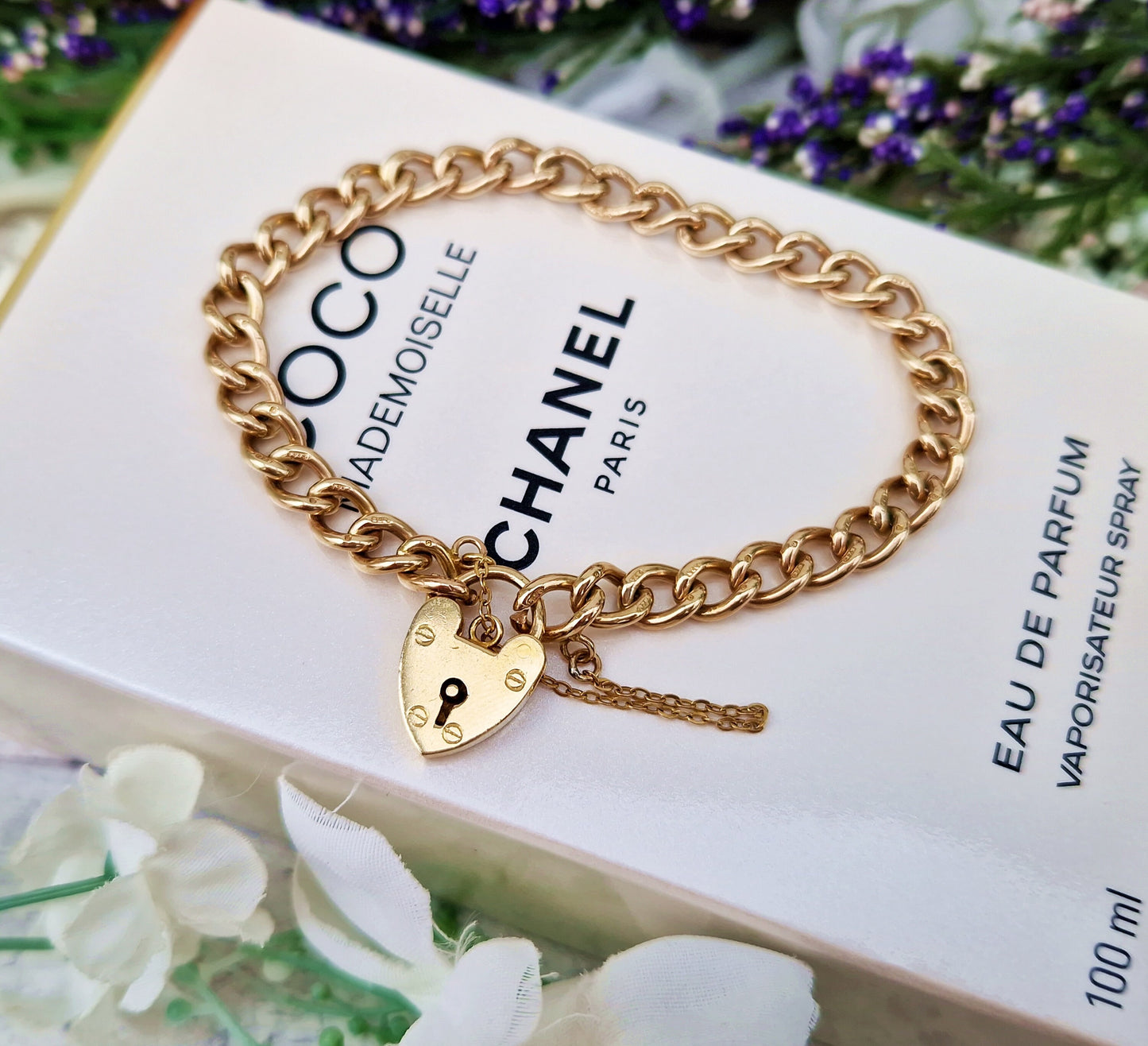 Antique Art Deco 9ct Yellow Gold Classic Curb Link Charm Bracelet with Love Heart Padlock 15grams