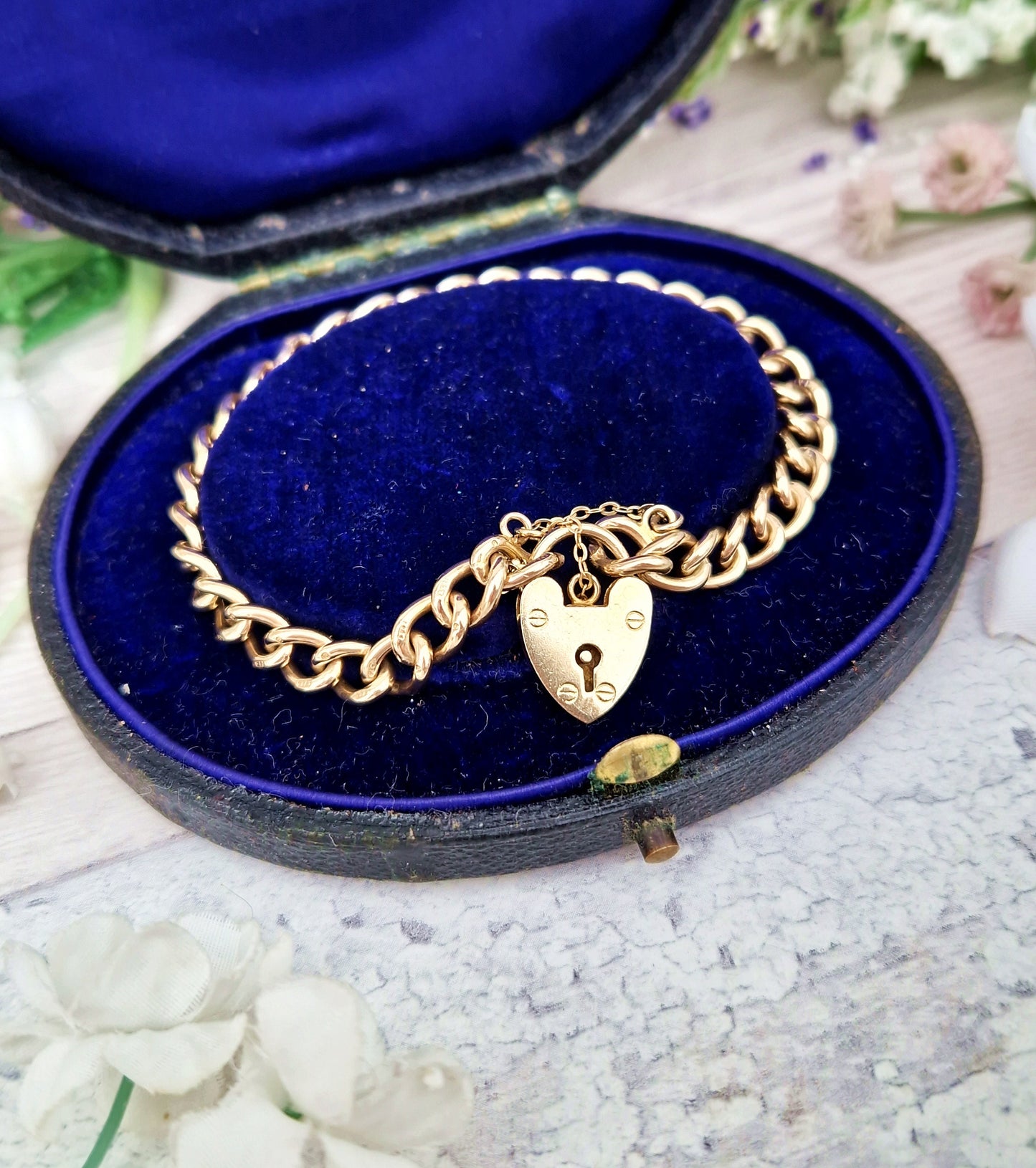 Antique Art Deco 9ct Yellow Gold Classic Curb Link Charm Bracelet with Love Heart Padlock 15grams