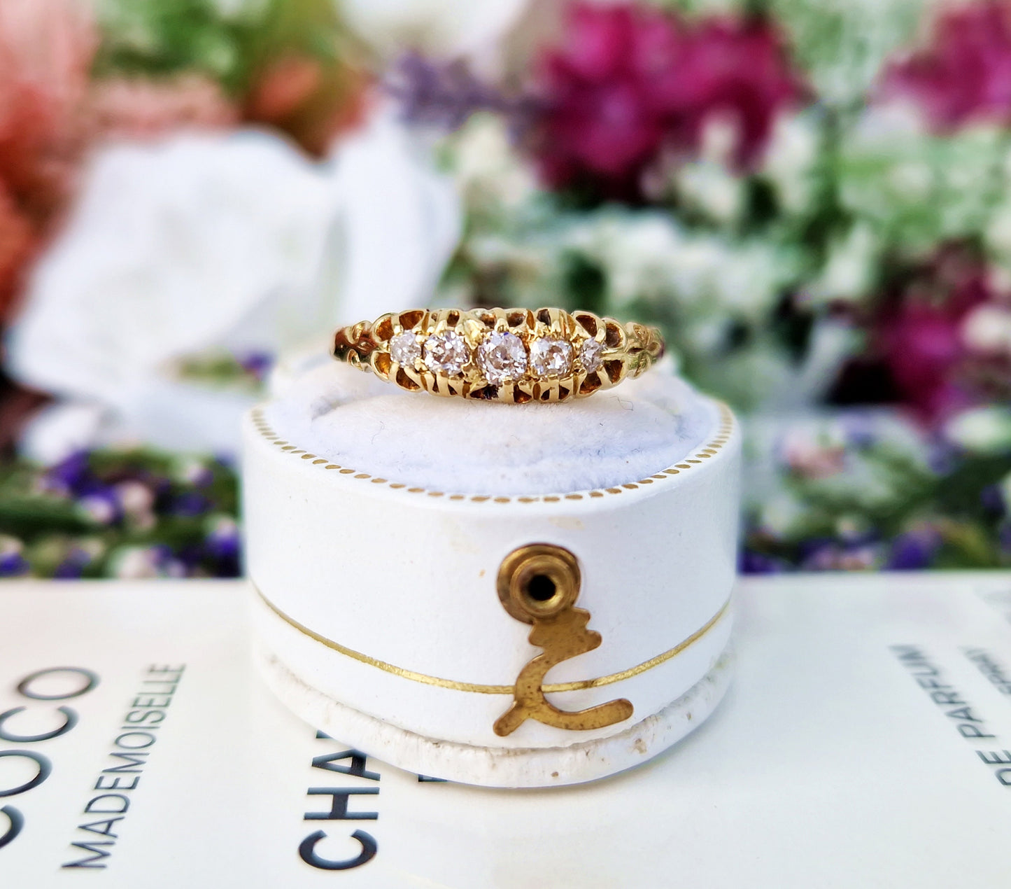 Antique Victorian 18ct Yellow Gold Ornate 5 Stone 0.33cts Old Mine Cut Diamond Ring / Size O or 7.5