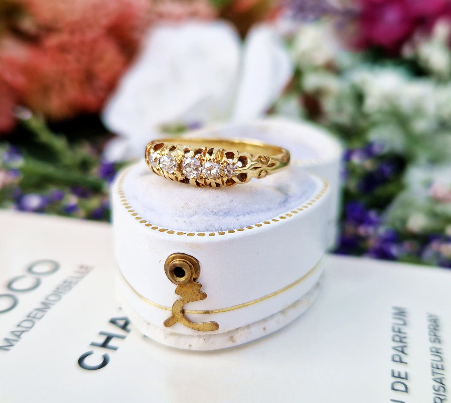 Antique Victorian 18ct Yellow Gold Ornate 5 Stone 0.33cts Old Mine Cut Diamond Ring / Size O or 7.5