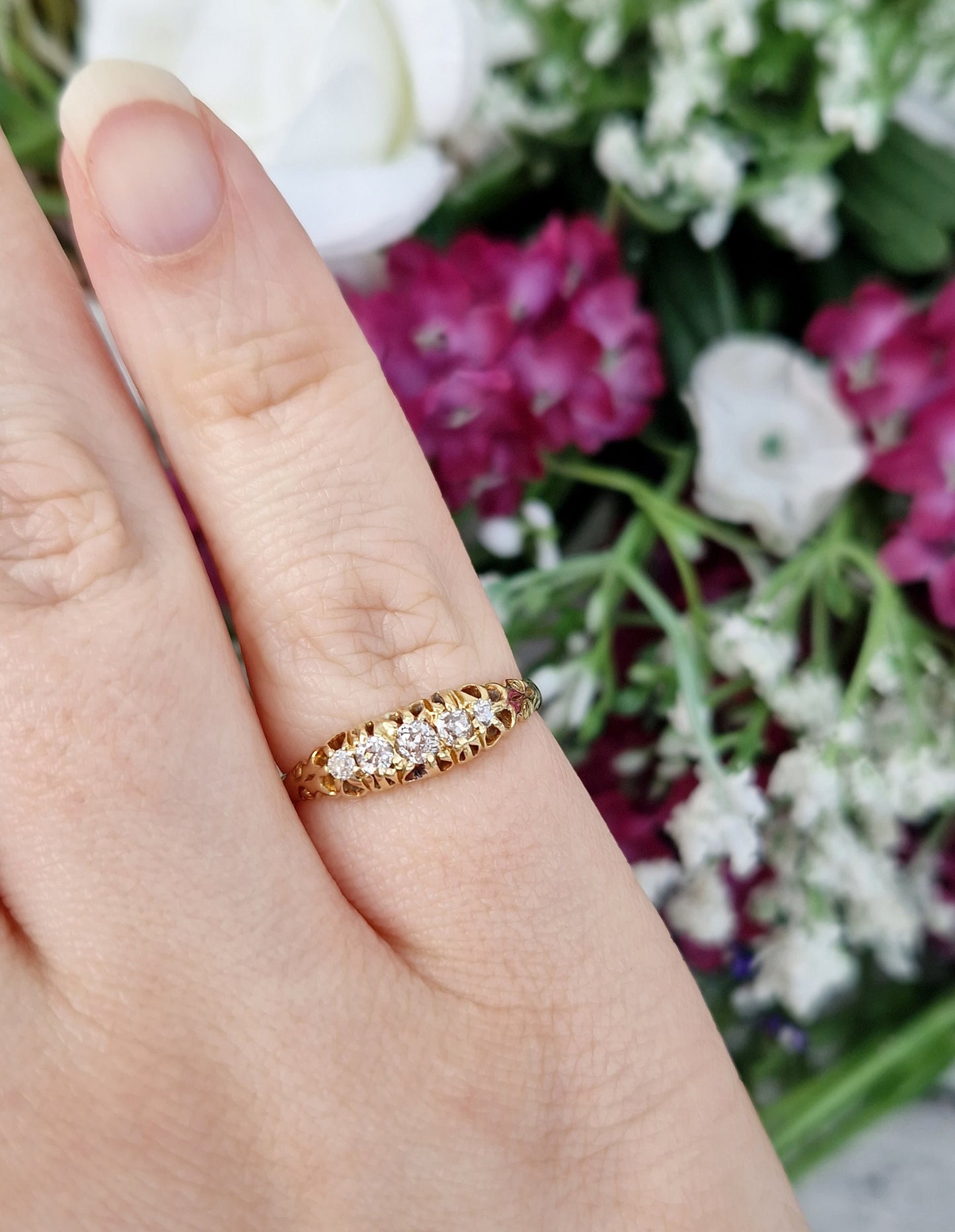 Antique Victorian 18ct Yellow Gold Ornate 5 Stone 0.33cts Old Mine Cut Diamond Ring / Size O or 7.5