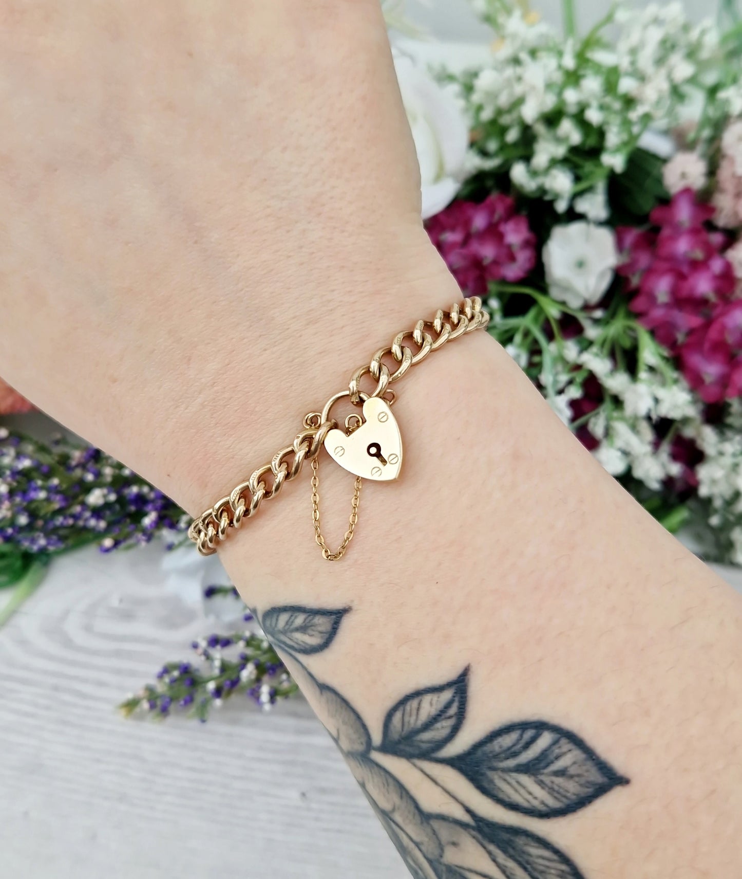 Antique Art Deco 9ct Yellow Gold Classic Curb Link Charm Bracelet with Love Heart Padlock 15grams