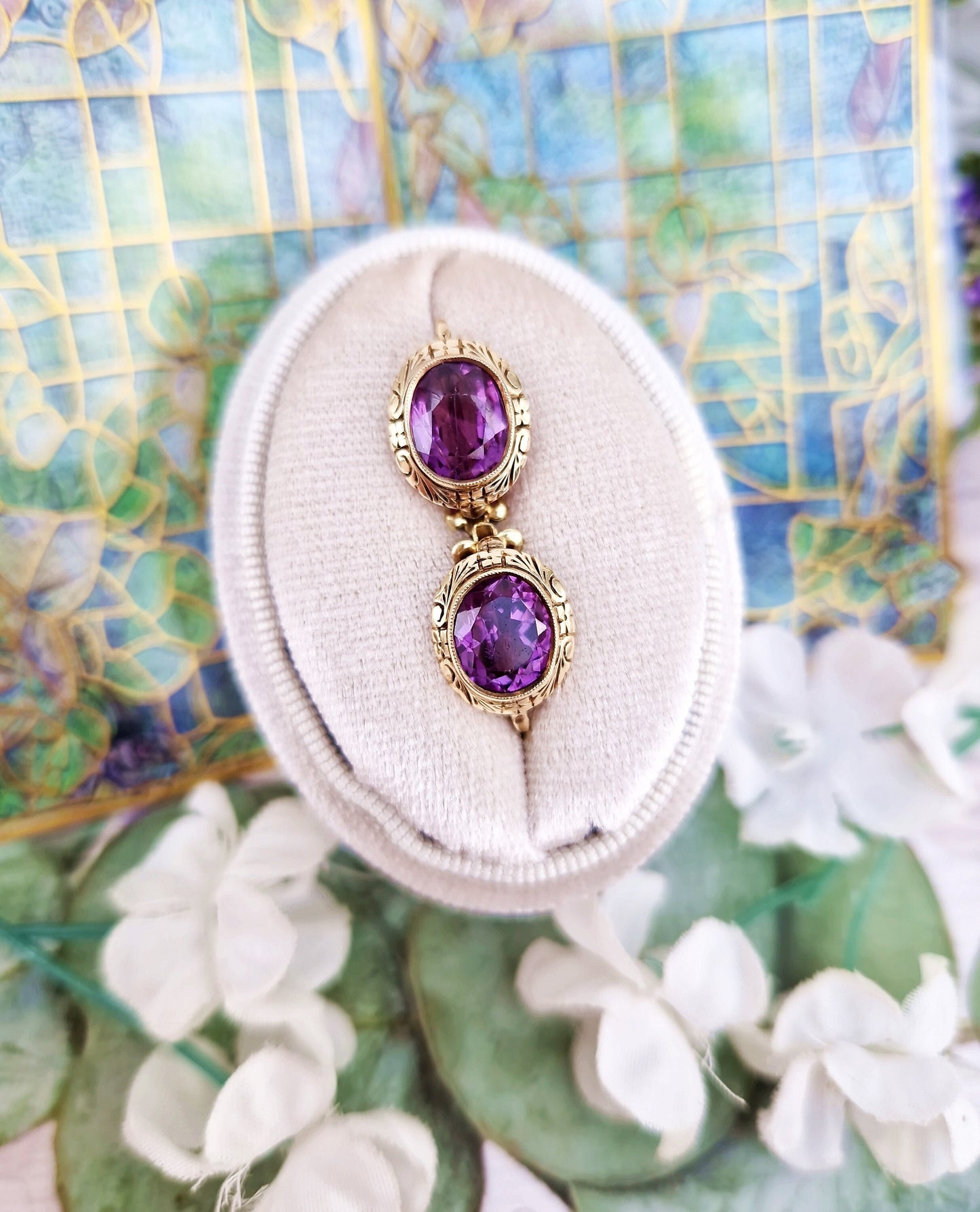 Vintage 14ct Yellow Gold Ornate Colour Change Purple Blue Sapphire Clip on Earrings