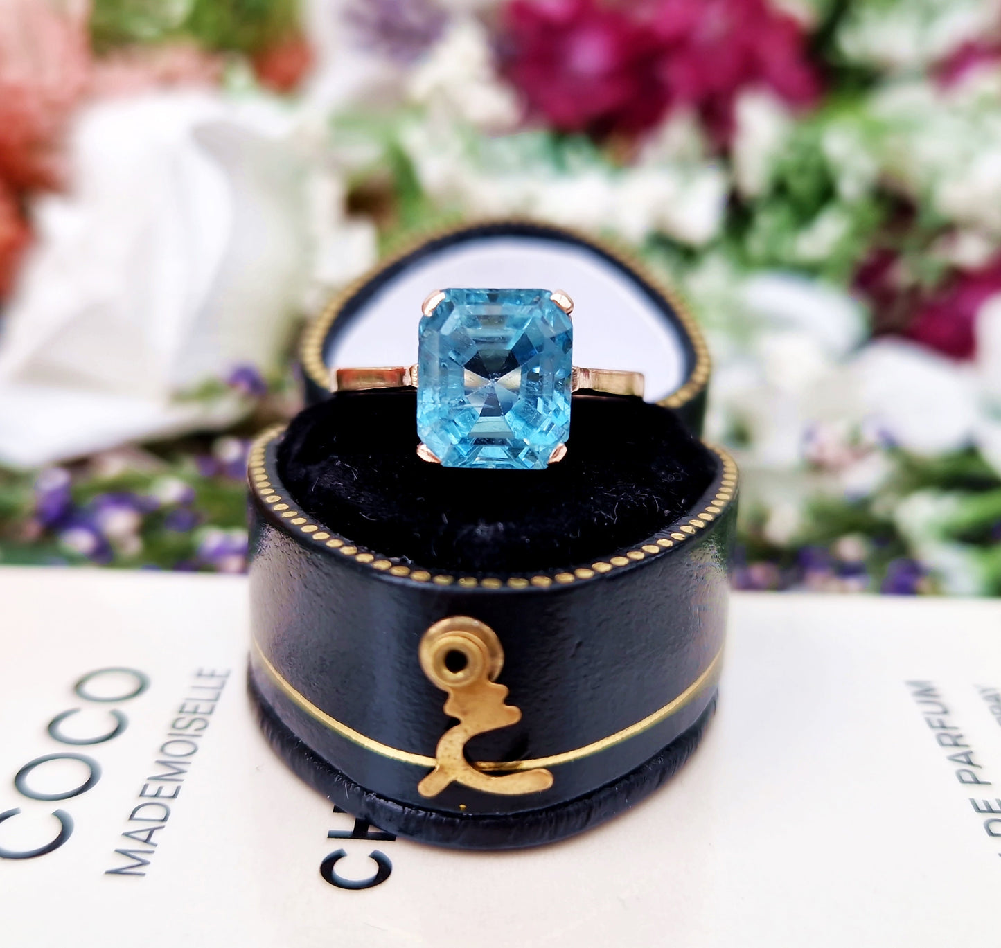Antique Art Deco 9ct Rose Gold 3.3ct Ocean Blue Aquamarine Solitaire Ring / Size P or 8