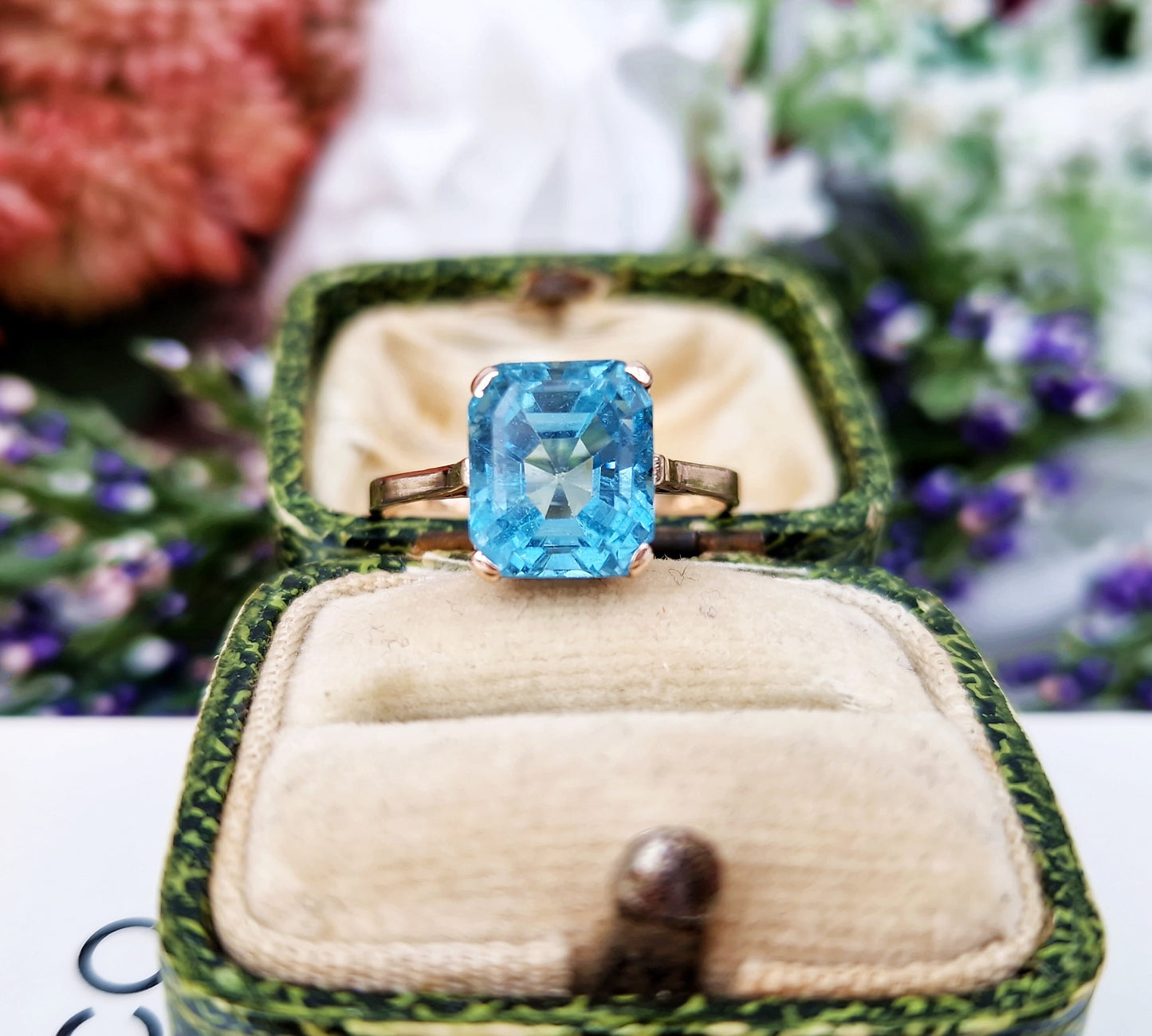 Antique Art Deco 9ct Rose Gold 3.3ct Ocean Blue Aquamarine Solitaire Ring / Size P or 8