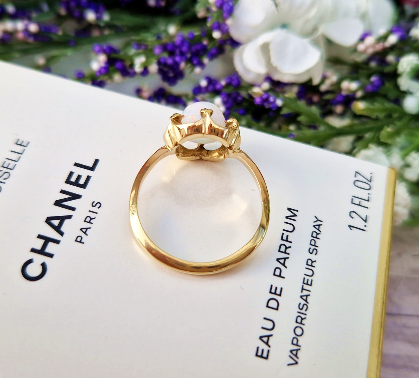 Antique Edwardian 18ct Gold Rainbow Opal and Diamond Enamel Accented Cluster Ring / Size R 1/2 or 9.25