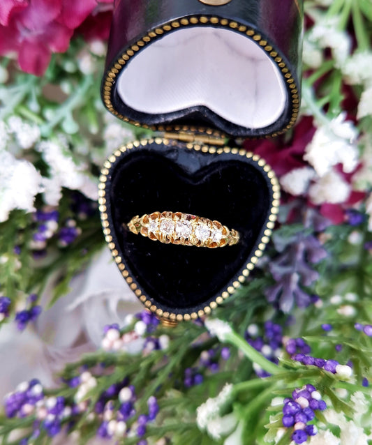 Antique Victorian 18ct Yellow Gold Ornate 5 Stone 0.33cts Old Mine Cut Diamond Ring / Size O or 7.5