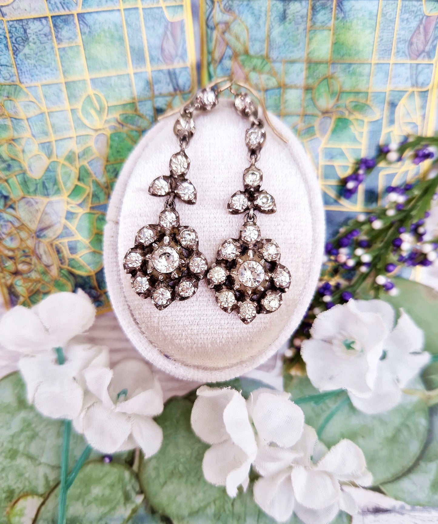 Antique Victorian 9ct Gold and Sterling Silver Pinched Collet Paste Cluster Hook Earrings