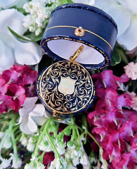 Antique Victorian 15ct Gold Ornate Engraved Black Enamel & Shield Glass Locket Pendant