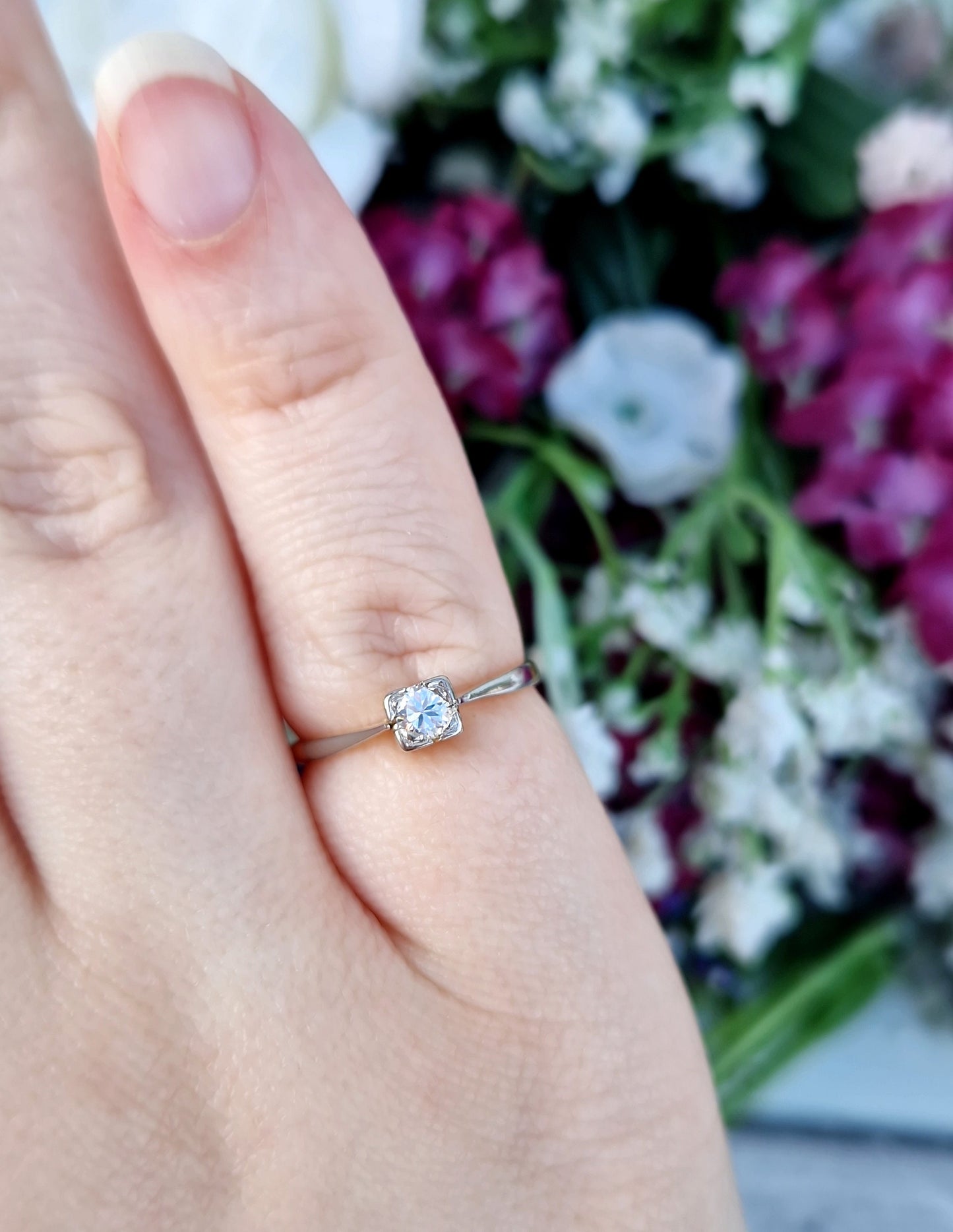 Antique Art Deco 18ct Gold Platinum Transitional Round Cut Diamond Solitaire Engagement Ring / Size K 1/2 or 5.75