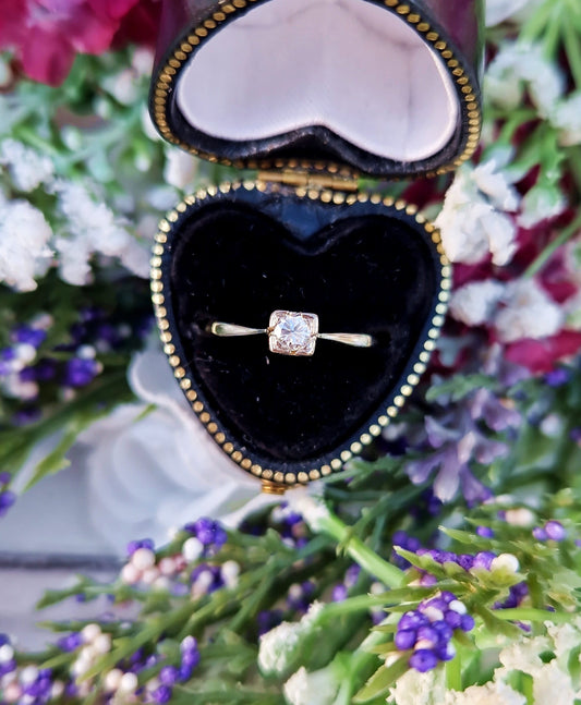 Antique Art Deco 18ct Gold Platinum Transitional Round Cut Diamond Solitaire Engagement Ring / Size K 1/2 or 5.75