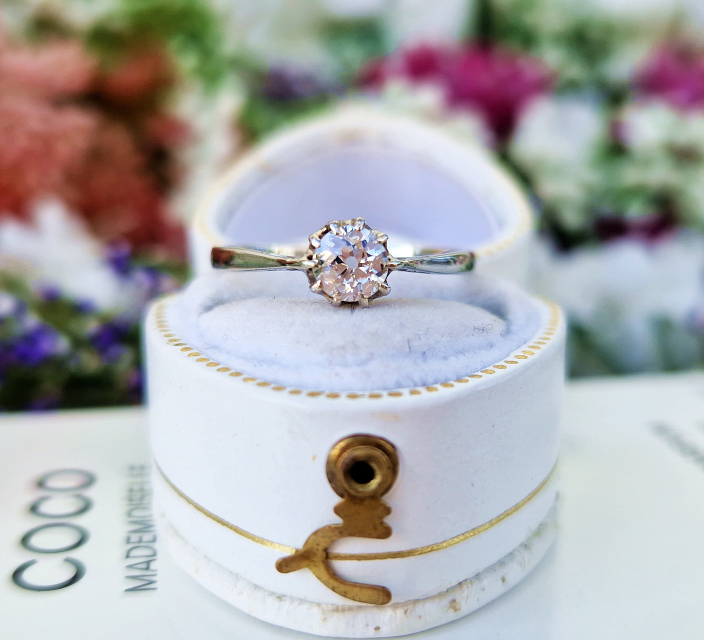 Antique Art Deco Solid Platinum Old European Cut Diamond 0.46ct Solitaire Engagement Ring / Size M 1/2 or 6.75