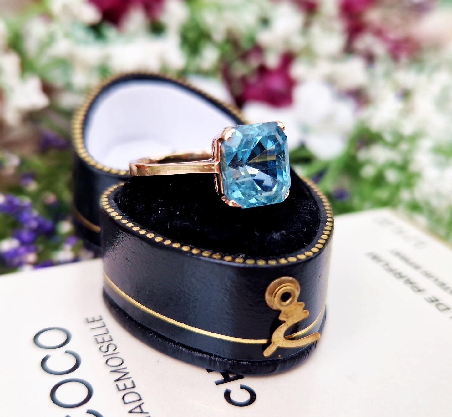 Antique Art Deco 9ct Rose Gold 3.3ct Ocean Blue Aquamarine Solitaire Ring / Size P or 8