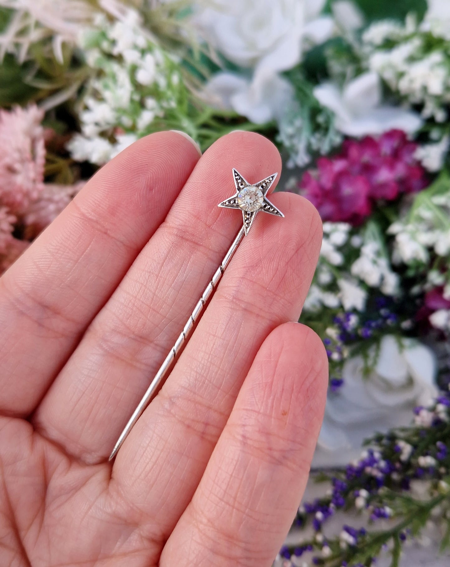 Antique Edwardian Sterling Silver Sparkling Star Paste Glass Stick Pin Brooch