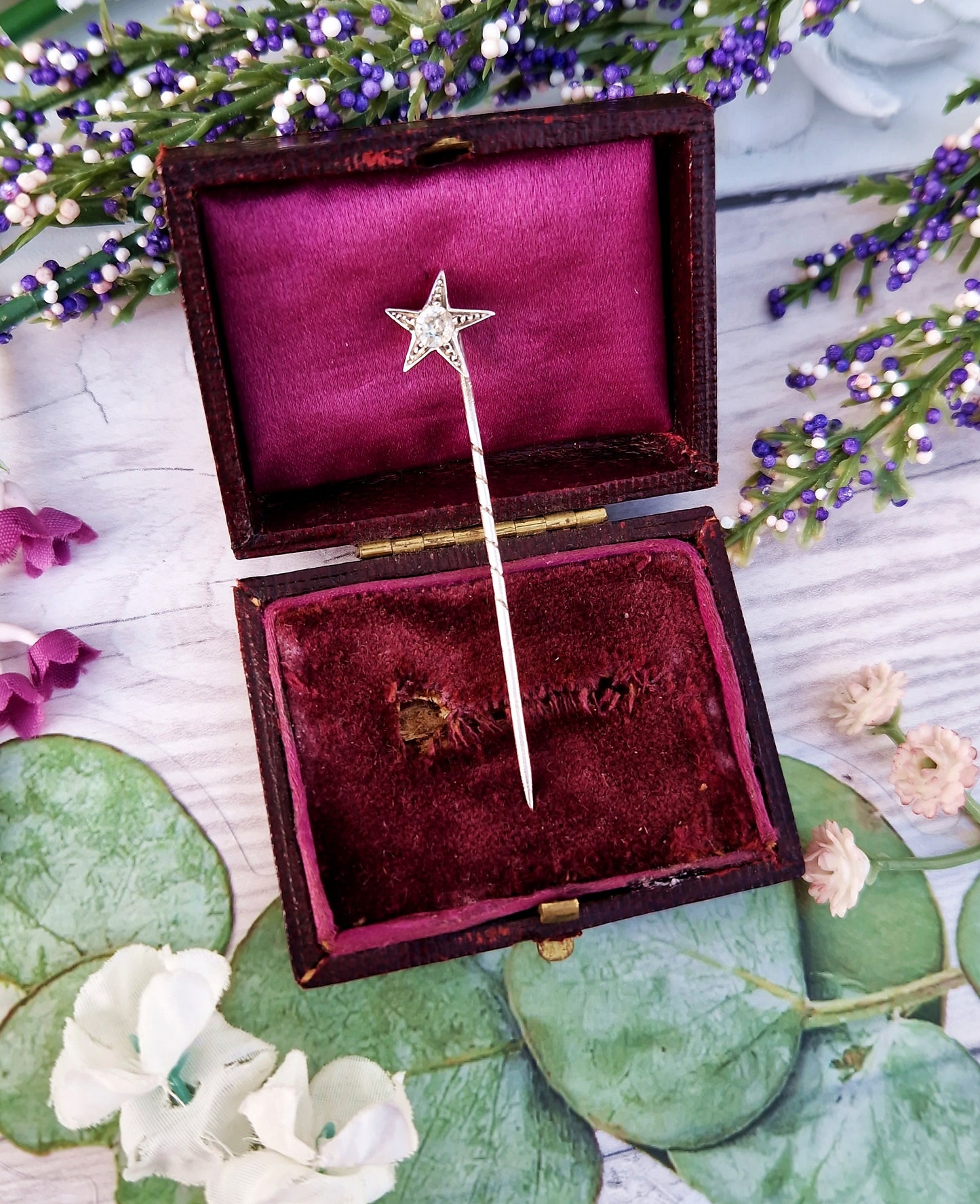 Antique Edwardian Sterling Silver Sparkling Star Paste Glass Stick Pin Brooch