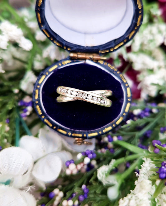 Vintage 9ct White Gold Diamond Crossover Half Eternity Wedding Band Ring / Size M or 6.5