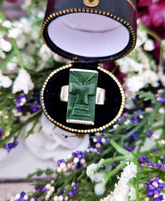 Vintage Sterling Silver South American Carved Green Jade Face Statement Ring / Size Q or 8.5