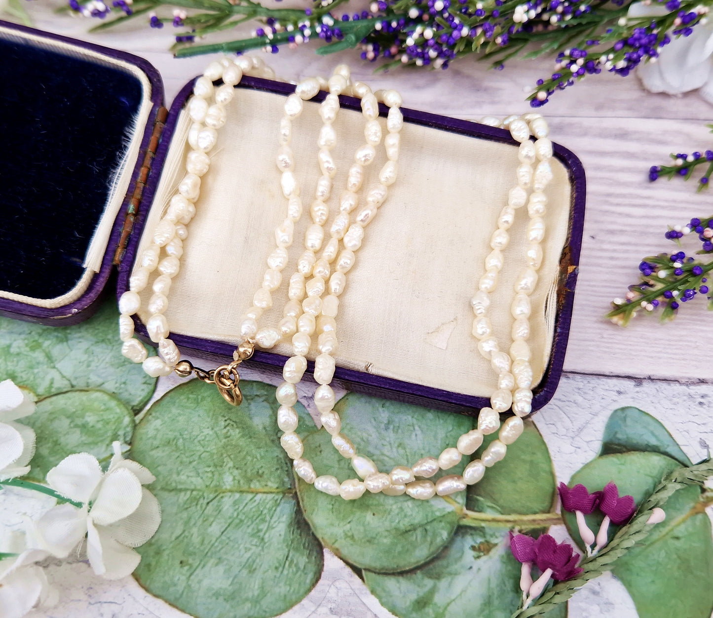 Vintage Classic 19" Two Strand Baroque Rice Pearl Necklace with 9ct Yellow Gold Clasp