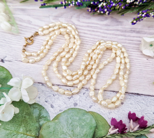 Vintage Classic 19" Two Strand Baroque Rice Pearl Necklace with 9ct Yellow Gold Clasp