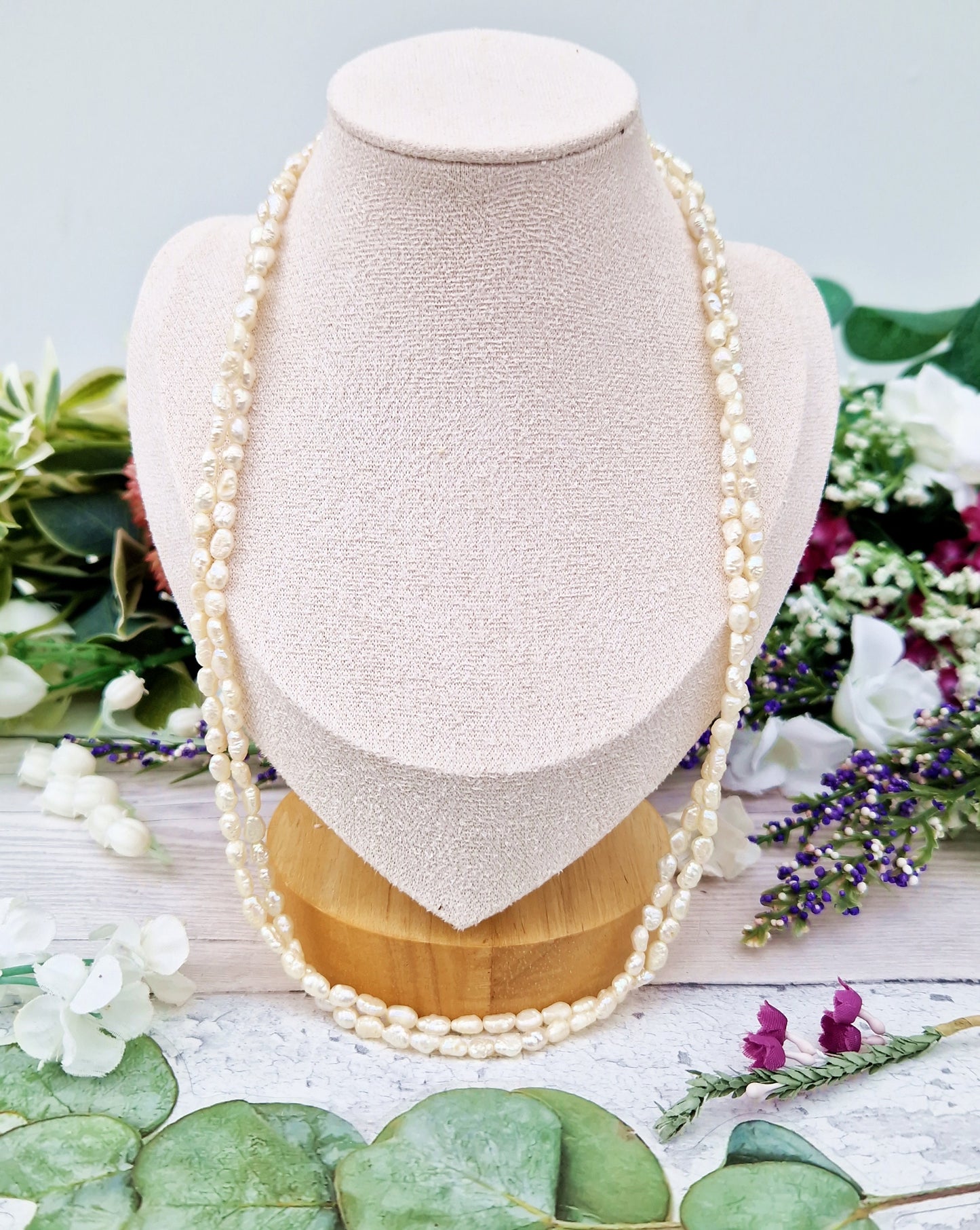 Vintage Classic 19" Two Strand Baroque Rice Pearl Necklace with 9ct Yellow Gold Clasp