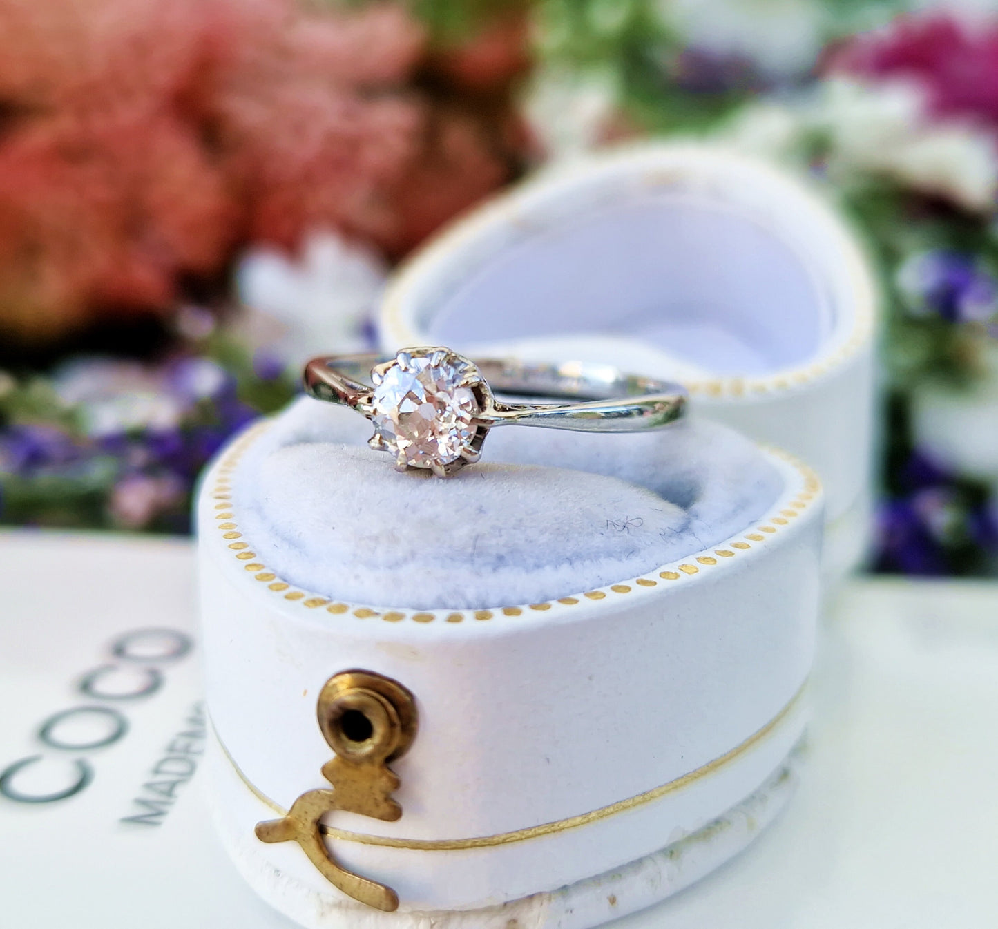 Antique Art Deco Solid Platinum Old European Cut Diamond 0.46ct Solitaire Engagement Ring / Size M 1/2 or 6.75