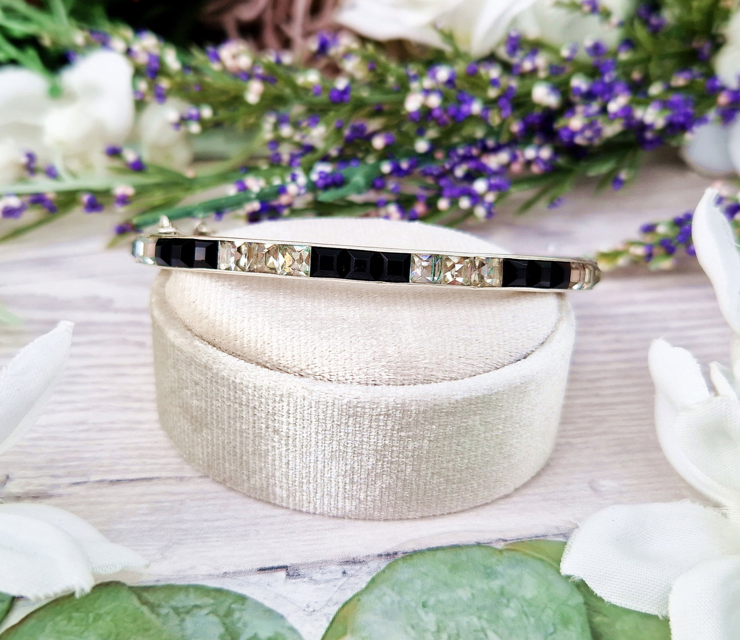 Vintage Art Deco Sterling Silver Black and White Monochrome Paste Glass Tennis Bangle Bracelet