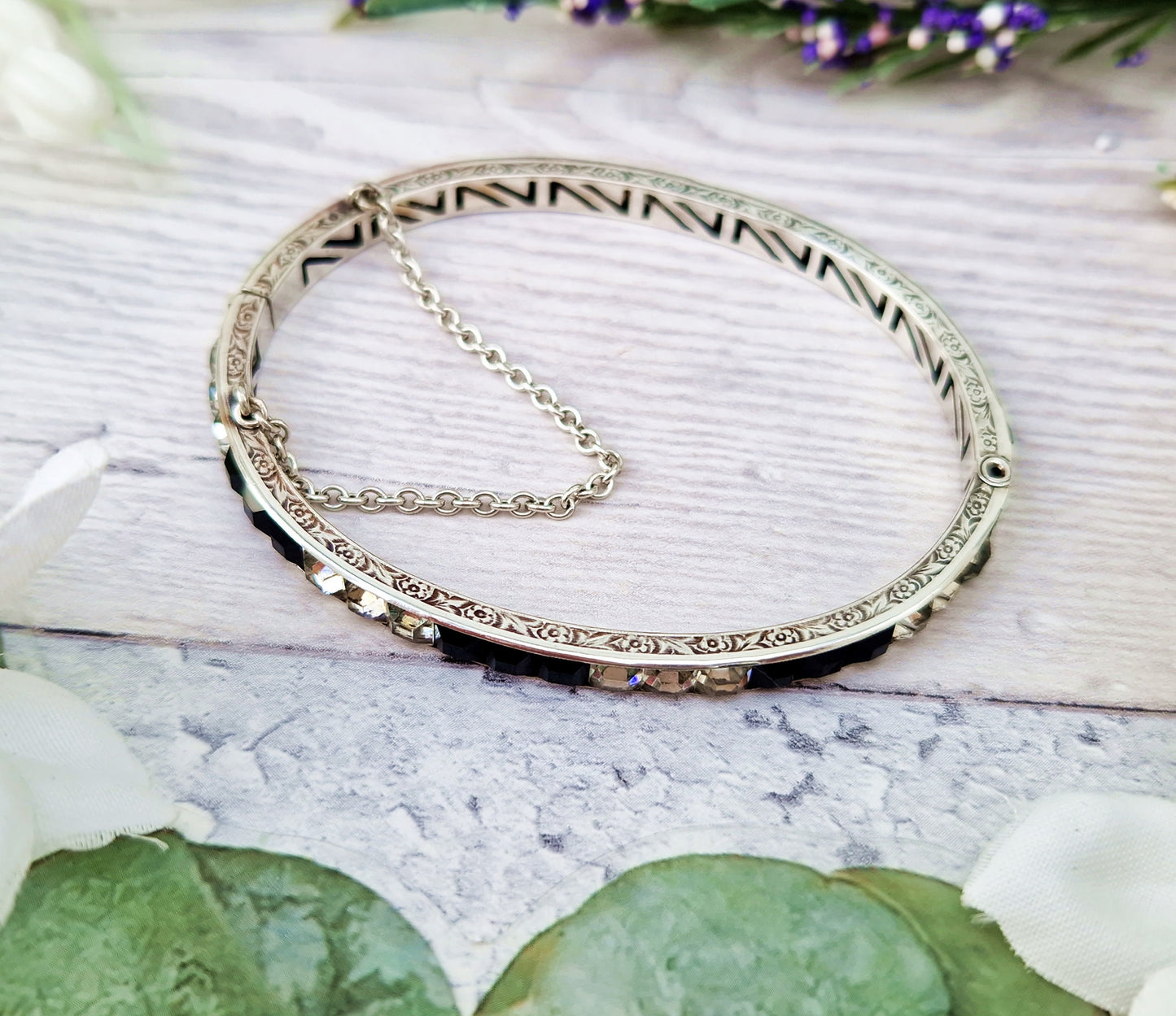 Vintage Art Deco Sterling Silver Black and White Monochrome Paste Glass Tennis Bangle Bracelet