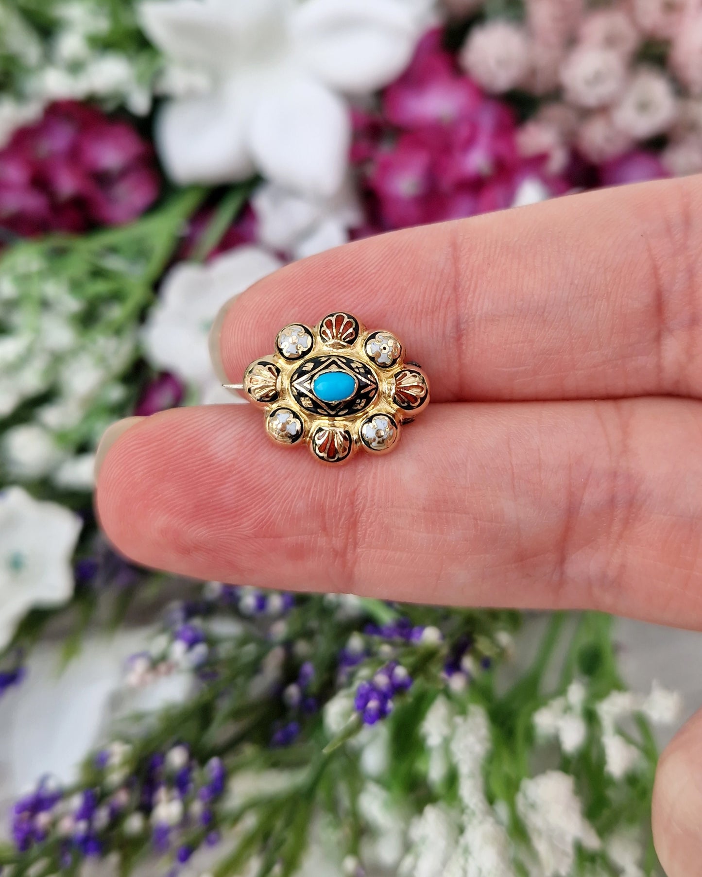 Antique Victorian 15ct Yellow Gold Miniature Ornate Enamel & Turquoise Button Brooch Pin