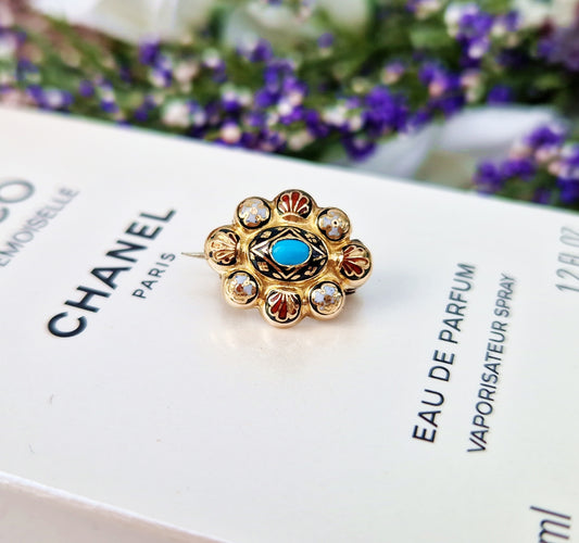 Antique Victorian 15ct Yellow Gold Miniature Ornate Enamel & Turquoise Button Brooch Pin