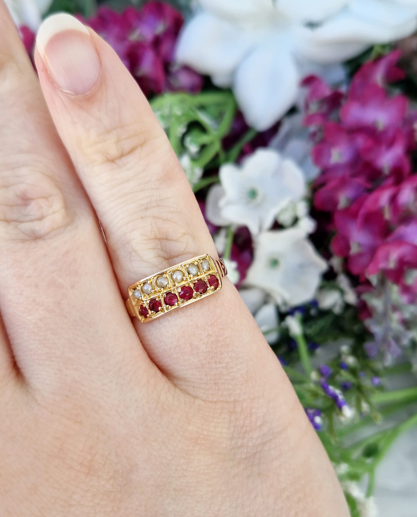 Antique 1897 Victorian 9ct Gold Ornate Pearl and Raspberry Pink Glass Double Band Cluster Ring / Size O or 7.5